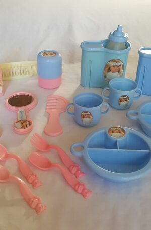 Vintage LISSI DOLLS Little Girl & Boy Doll Feeding & Grooming Set Pink & Blue