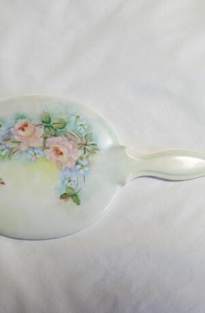 Vintage Hand Painted Porcelain Hand Mirror With Delicate Floral Design & Handle