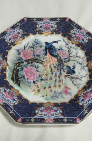 Vintage Japanese Porcelain Octagonal Plate With Peacock & Floral Design