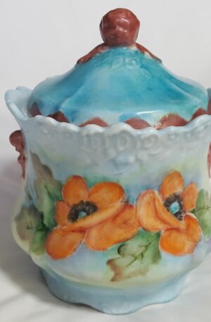 Vintage Hand-Painted Porcelain Biscuit Jar With Lid Floral Design Blue & Orange