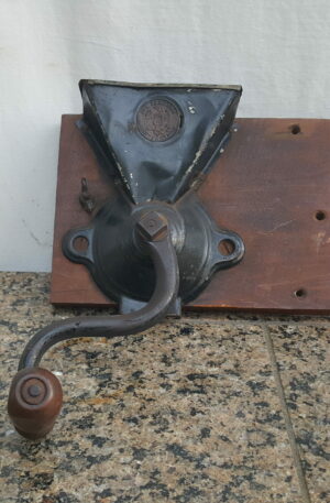 Antique Cast Iron Wall-Mounted Coffee Grinder With Wooden Base J&E Parkers 1880