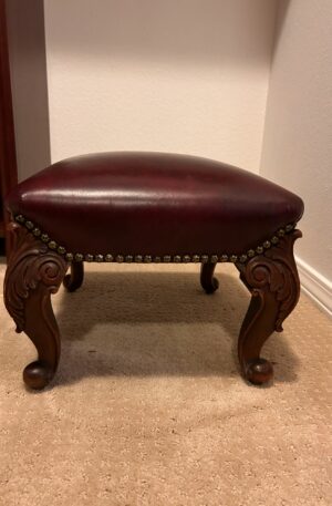 Vintage Cherry Wood & Burgundy Leather Re-upholstered Footstool With Ornate Carved Legs & Brass Nail head Trim