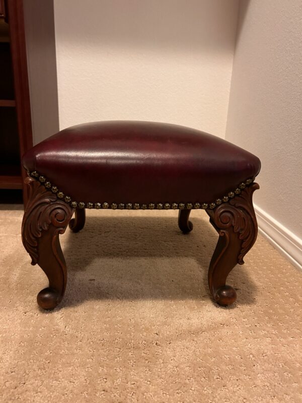 Vintage Cherry Wood & Burgundy Leather Re-upholstered Footstool With Ornate Carved Legs & Brass Nail head Trim