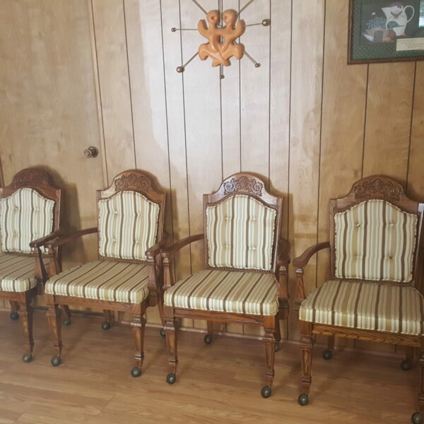 Vintage Broyhill Wood Arm Chair or Dining Chair w/Striped Upholstery & Cane Backrest On Casters - Image 9