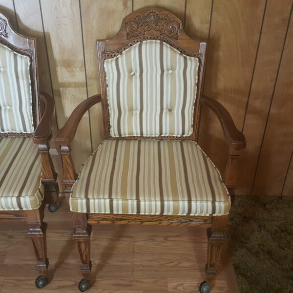 Vintage Broyhill Wood Arm Chair or Dining Chair w/Striped Upholstery & Cane Backrest On Casters - Image 8