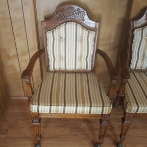 Vintage Broyhill Wood Arm Chair or Dining Chair w/Striped Upholstery & Cane Backrest On Casters