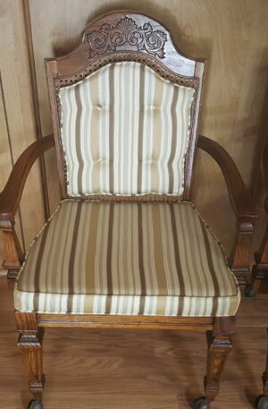 Vintage Broyhill Wood Arm Chair or Dining Chair w/Striped Upholstery & Cane Backrest On Casters