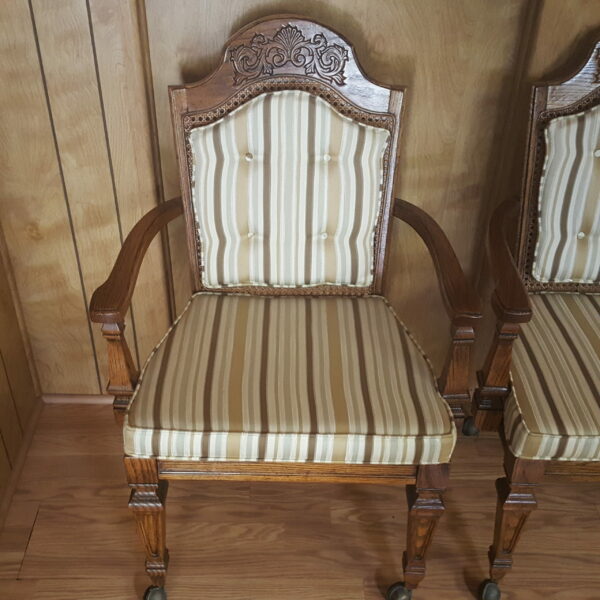 Vintage Broyhill Wood Arm Chair or Dining Chair w/Striped Upholstery & Cane Backrest On Casters