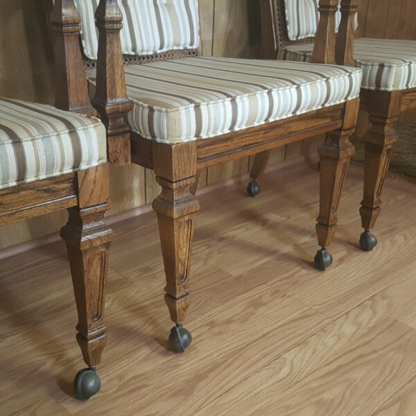 Vintage Broyhill Wood Arm Chair or Dining Chair w/Striped Upholstery & Cane Backrest On Casters - Image 7