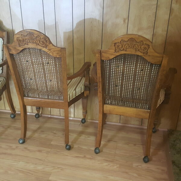 Vintage Broyhill Wood Arm Chair or Dining Chair w/Striped Upholstery & Cane Backrest On Casters - Image 6