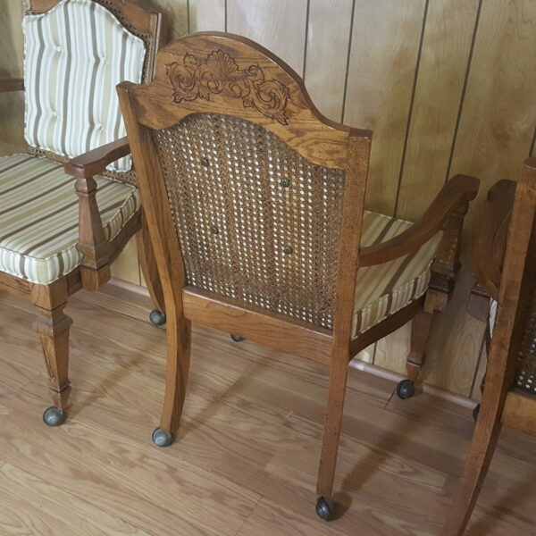 Vintage Broyhill Wood Arm Chair or Dining Chair w/Striped Upholstery & Cane Backrest On Casters - Image 5