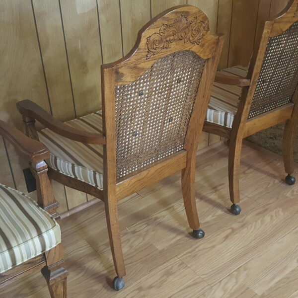 Vintage Broyhill Wood Arm Chair or Dining Chair w/Striped Upholstery & Cane Backrest On Casters - Image 4