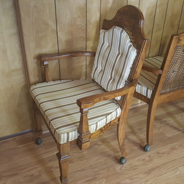 Vintage Broyhill Wood Arm Chair or Dining Chair w/Striped Upholstery & Cane Backrest On Casters - Image 3