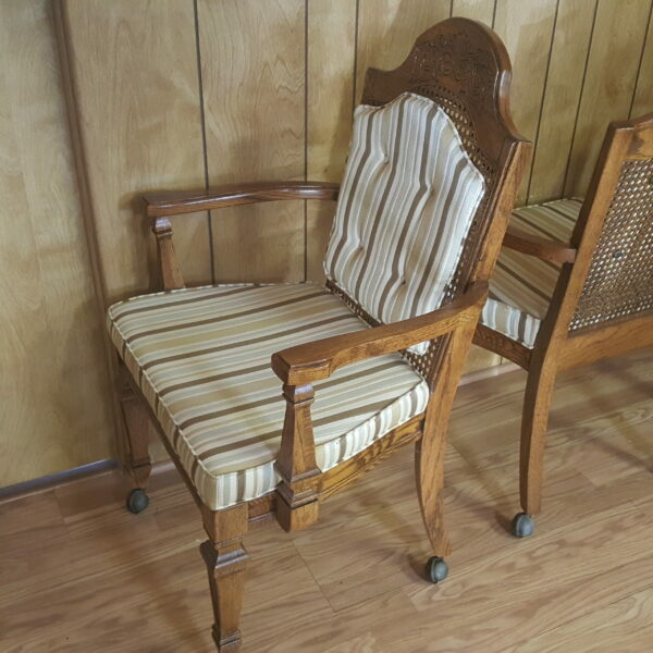 Vintage Broyhill Wood Arm Chair or Dining Chair w/Striped Upholstery & Cane Backrest On Casters - Image 3