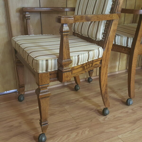 Vintage Broyhill Wood Arm Chair or Dining Chair w/Striped Upholstery & Cane Backrest On Casters - Image 2