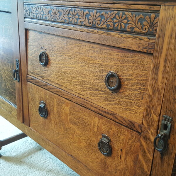Vintage Quarter-Sawn Oak Sideboard Buffet with Mirror 59"H x 53"W x 18.5"D Early to Mid 20th Century - Image 7