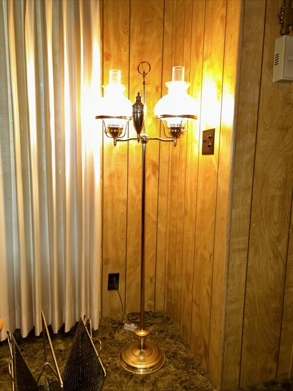 Vintage Dual-Arm Polished Brass Floor Lamp with Crackle Glass Shades - Image 4
