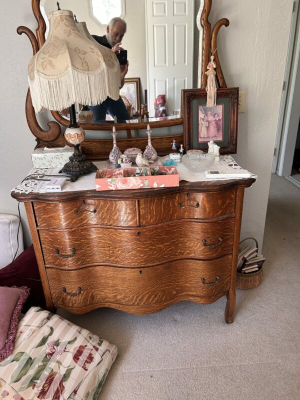 Antique Tiger Oak Dresser with Mirror – Serpentine Front & Carved Pulls