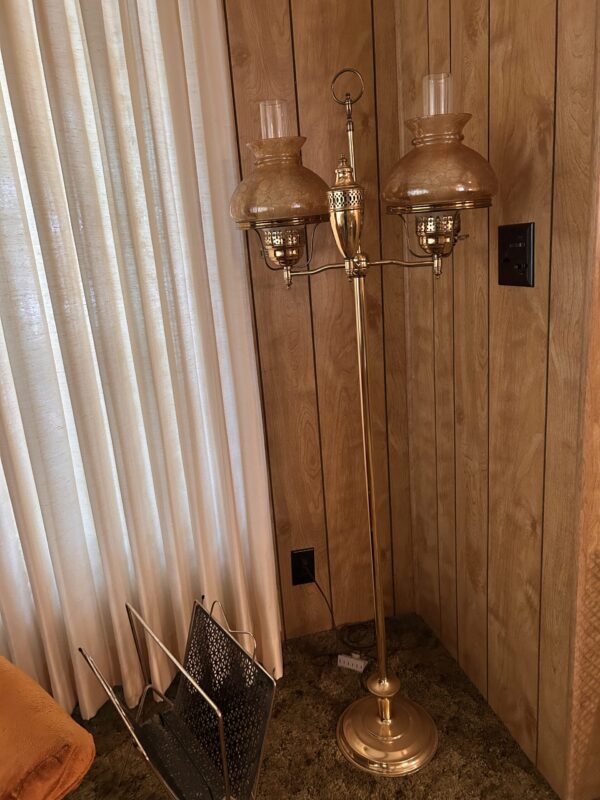 Vintage Dual-Arm Polished Brass Floor Lamp with Crackle Glass Shades - Image 5