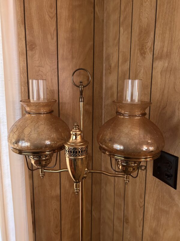 Vintage Dual-Arm Polished Brass Floor Lamp with Crackle Glass Shades