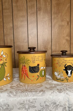 Sunlit Nostalgia | Vintage Ransburg Yellow Kitchen Canister Set (4) – Hand Painted Charm