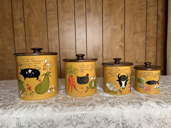Sunlit Nostalgia | Vintage Ransburg Yellow Kitchen Canister Set (4) – Hand Painted Charm