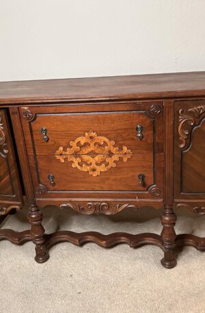 Intricate Carved Vintage Storage Sideboard With Decorative Scrollwork Panels