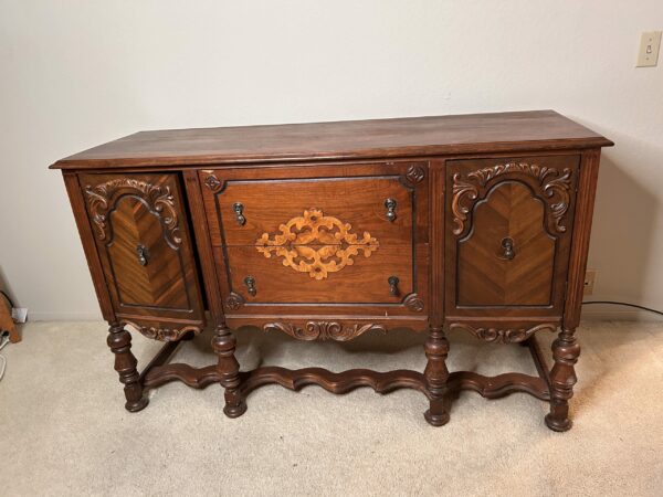 Intricate Carved Vintage Storage Sideboard With Decorative Scrollwork Panels