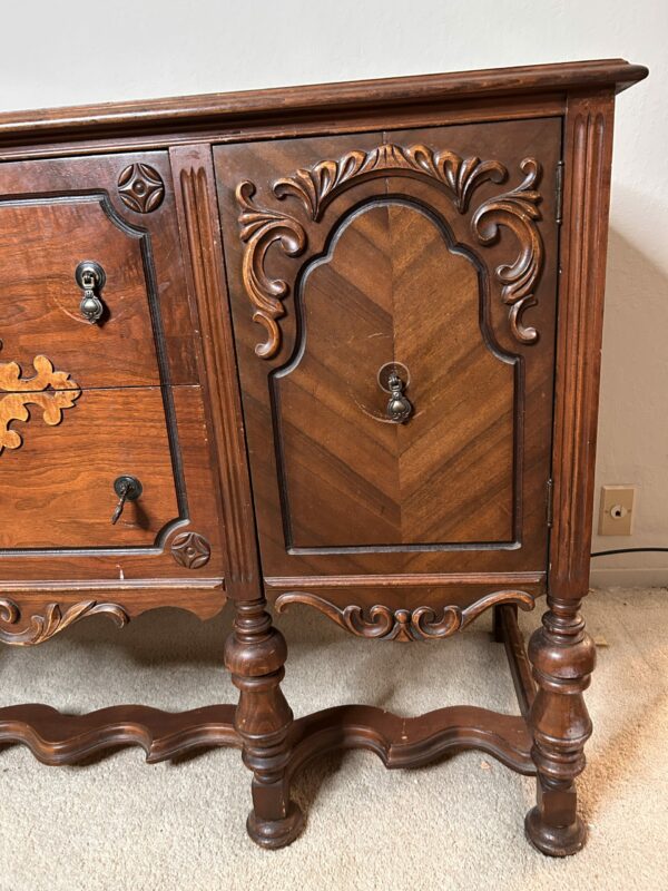 Intricate Carved Vintage Storage Sideboard With Decorative Scrollwork Panels - Image 6