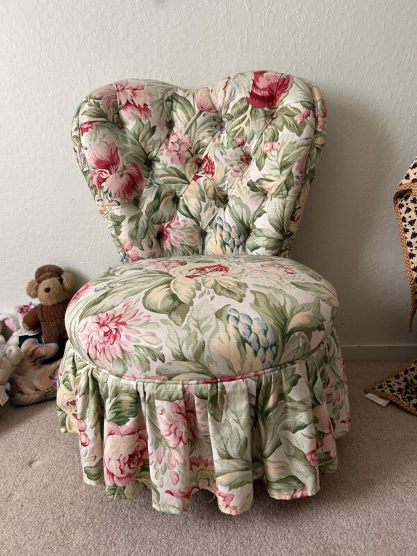 Floral Slipper Chair – Tufted Heart Back & Ruffled Skirt