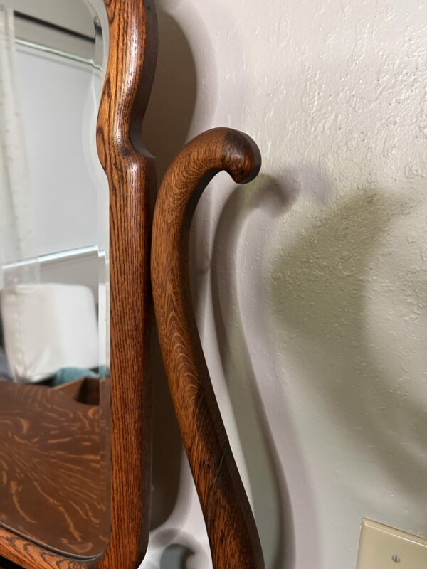 Antique Tiger Oak Dresser with Mirror – Serpentine Front & Carved Pulls - Image 14