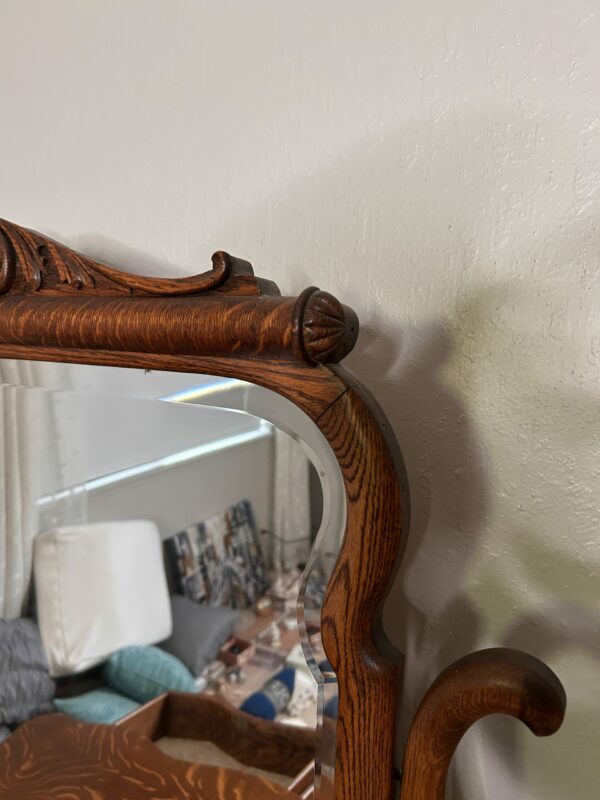 Antique Tiger Oak Dresser with Mirror – Serpentine Front & Carved Pulls - Image 13