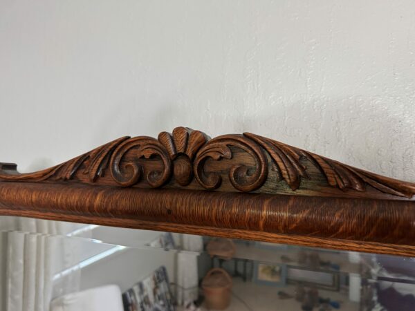 Antique Tiger Oak Dresser with Mirror – Serpentine Front & Carved Pulls - Image 12