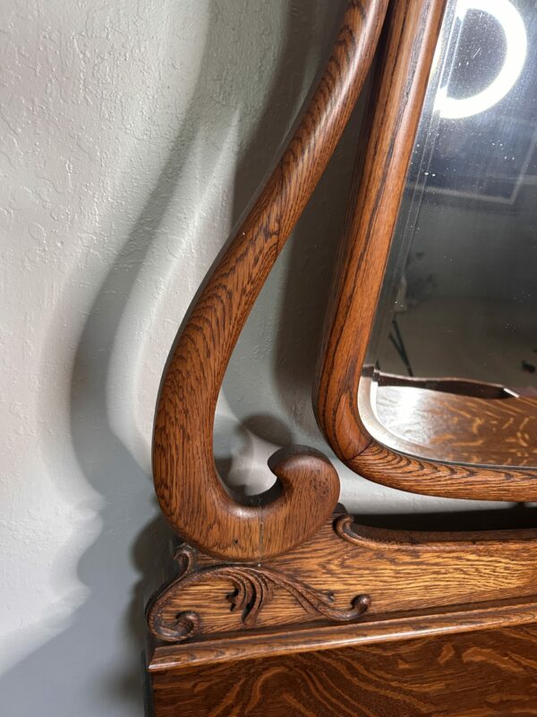 Antique Tiger Oak Dresser with Mirror – Serpentine Front & Carved Pulls - Image 10