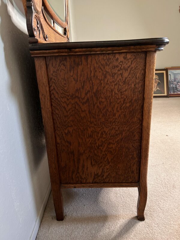 Antique Tiger Oak Dresser with Mirror – Serpentine Front & Carved Pulls - Image 8