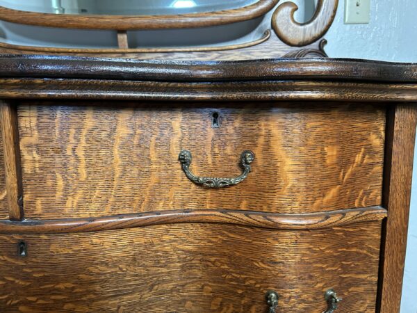 Antique Tiger Oak Dresser with Mirror – Serpentine Front & Carved Pulls - Image 16