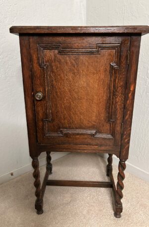 Antique Walnut Bedside Cabinet – Barley Twist Legs, Carved Front