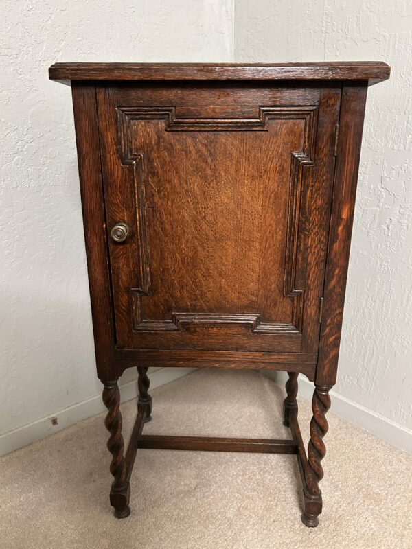 Antique Walnut Bedside Cabinet – Barley Twist Legs, Carved Front