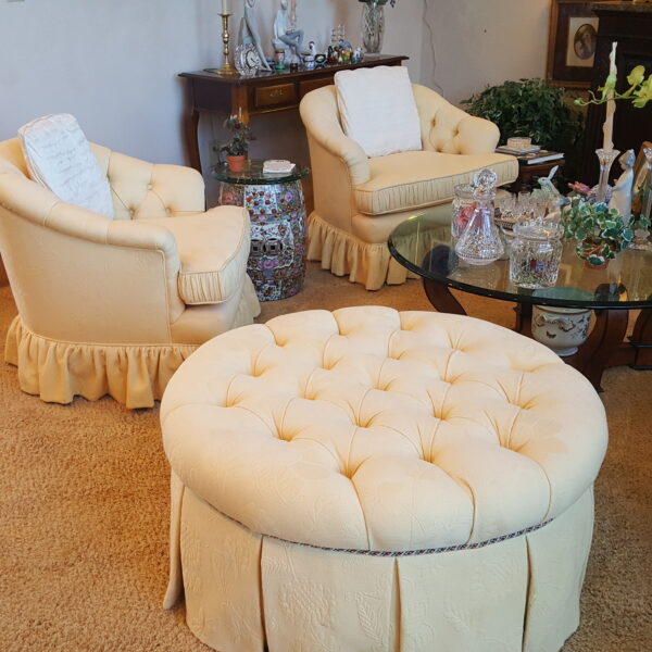 Elegant Skirted Upholstered Trio – Round Tufted Ottoman + Pair of Club Chairs - Image 2