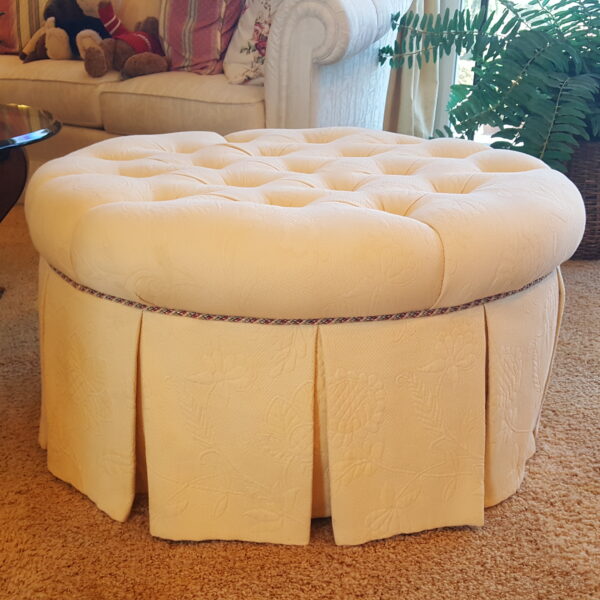 Elegant Skirted Upholstered Trio – Round Tufted Ottoman + Pair of Club Chairs - Image 7