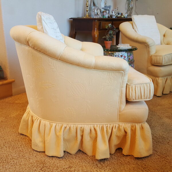 Elegant Skirted Upholstered Trio – Round Tufted Ottoman + Pair of Club Chairs - Image 5