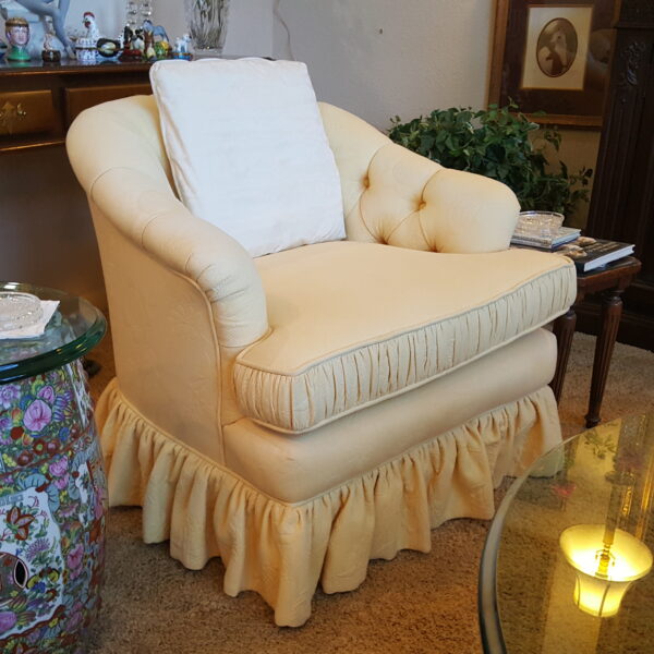 Elegant Skirted Upholstered Trio – Round Tufted Ottoman + Pair of Club Chairs - Image 6