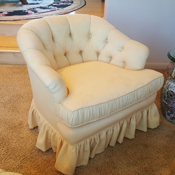 Elegant Skirted Upholstered Trio – Round Tufted Ottoman + Pair of Club Chairs - Image 3