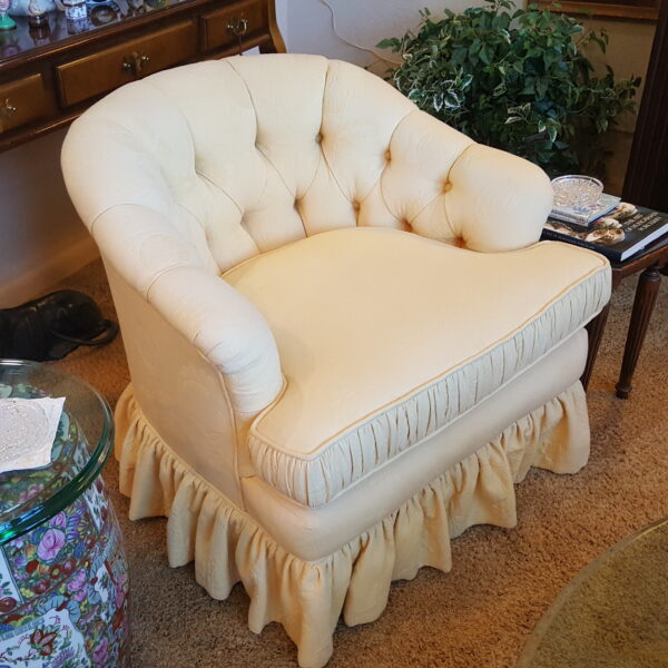 Elegant Skirted Upholstered Trio – Round Tufted Ottoman + Pair of Club Chairs - Image 4