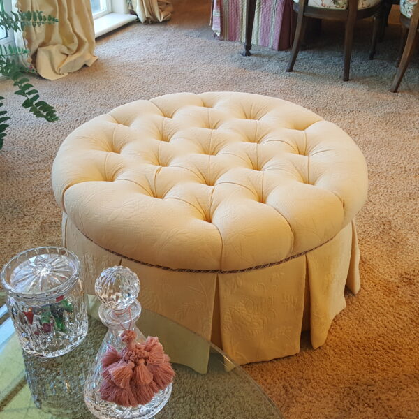 Elegant Skirted Upholstered Trio – Round Tufted Ottoman + Pair of Club Chairs - Image 8