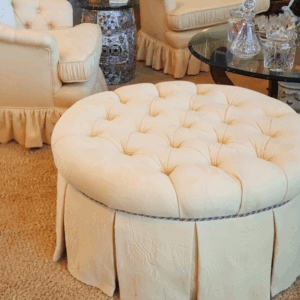 Elegant Skirted Upholstered Trio – Round Tufted Ottoman + Pair of Club Chairs