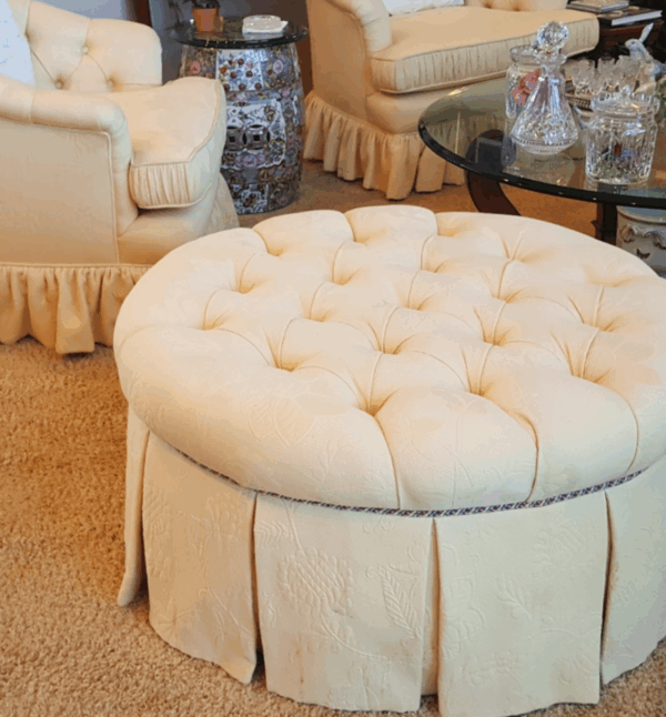 Elegant Skirted Upholstered Trio – Round Tufted Ottoman + Pair of Club Chairs