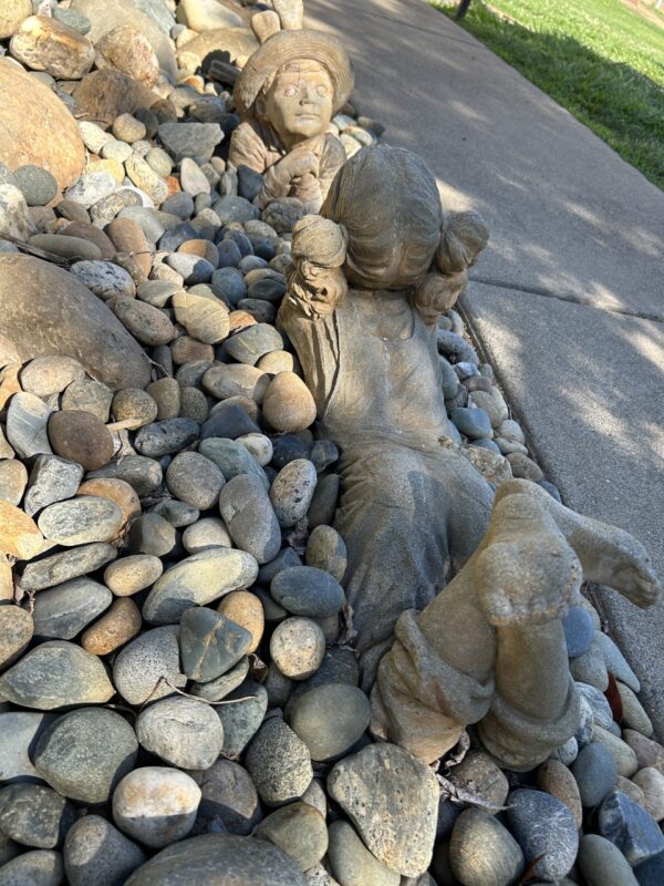 Dreaming Pair of Reclining Garden Children – Concrete Yard Statues, Boy & Girl Set, 25” Long - Image 3