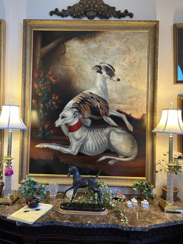 Majestic Greyhounds Portrait in Ornate Gilt Frame – Oversized Decorative Wall Art, Signed “Hayward” - Image 3