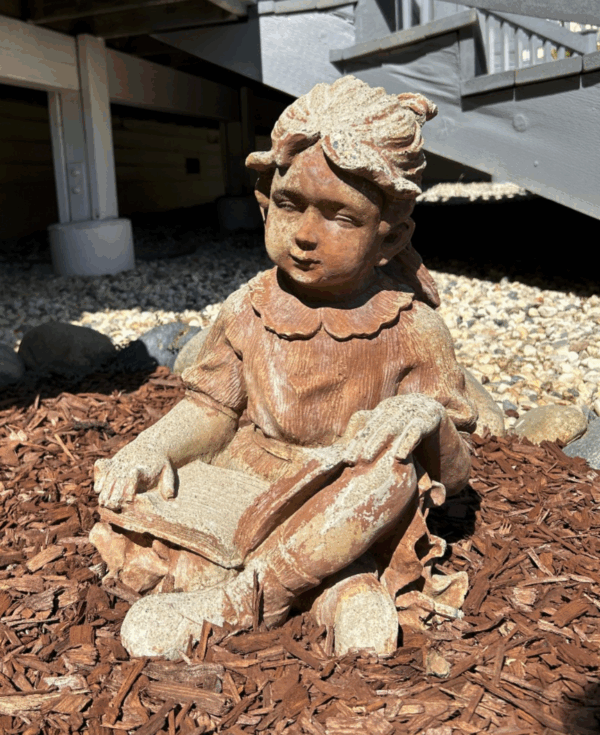 Sweet Concrete Garden Statue – Girl Reading Book – Weathered Charm